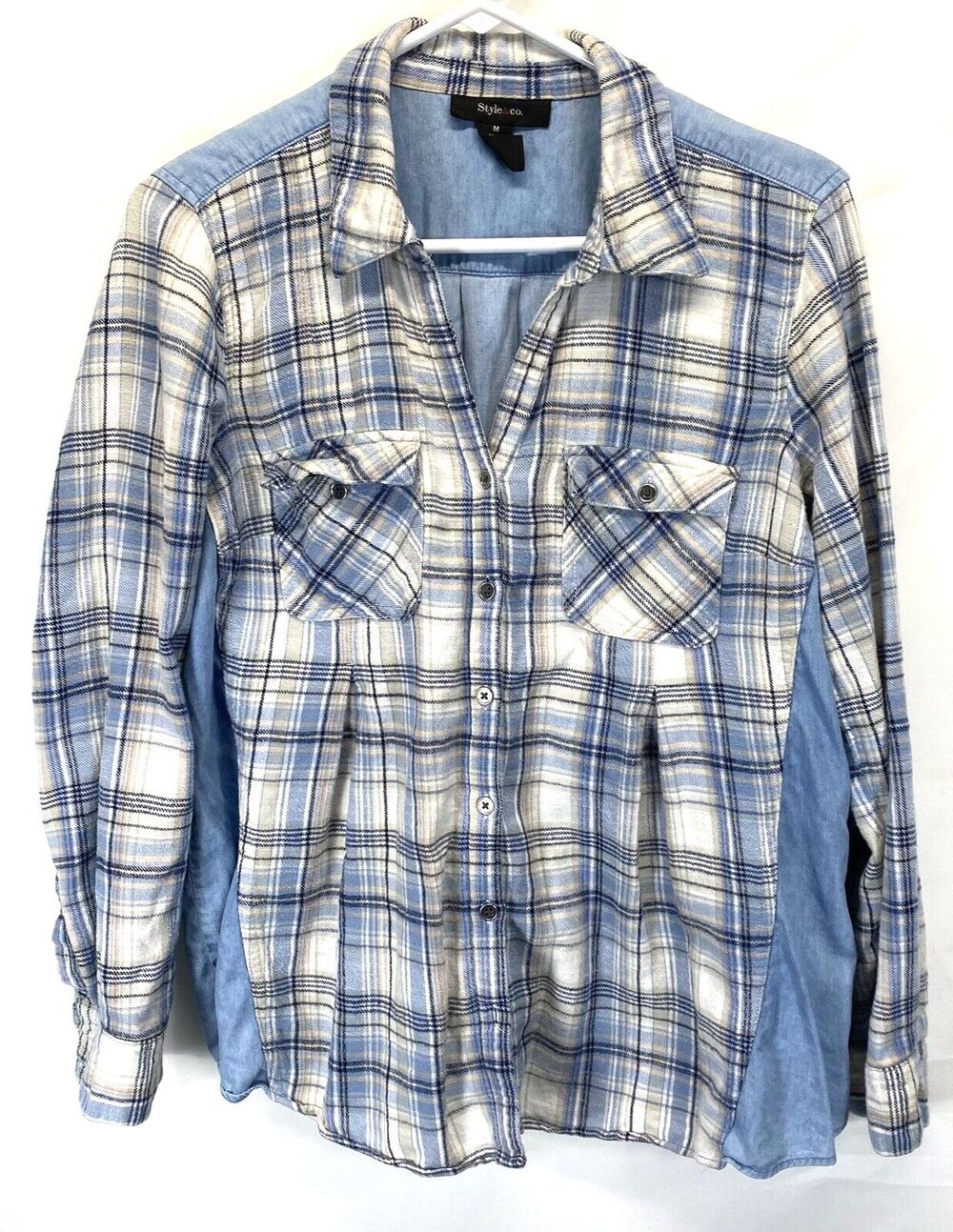 Style & Co Women’s Flannel Plaid Sz M Button-Up LS Collared Shirt Back Panel